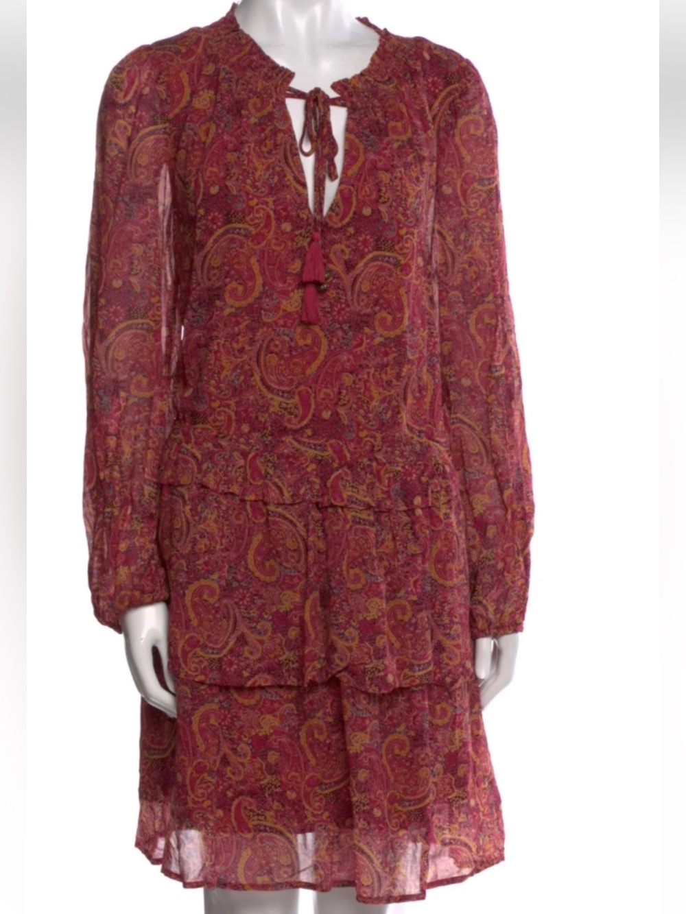 Frye Burgundy Paisley bohemian Tie-Neck Long Sleeve Dress